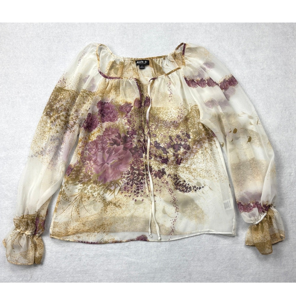 Allen B. by Allen Schwartz Floral Sheer Chiffon Blouse Purple Tan Tie Neck Med